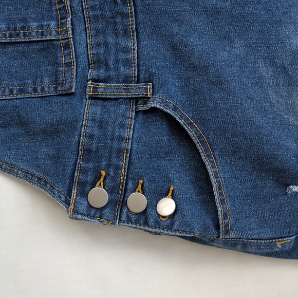 Distressed Embroidered Floral Jean Short Overalls M Blue Y2K Shortalls - Picture 12 of 14